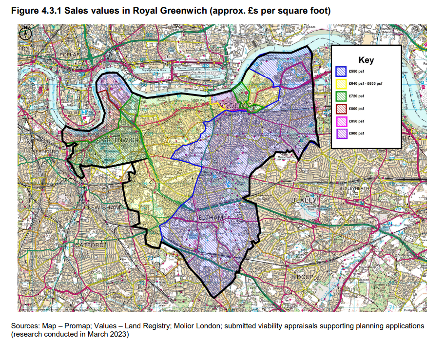 Sales value per square foot in Greenwich, indicating levels between £550/sq.ft. in the eastern and southern parts, to £900 per square foot in Greenwich Peninsula.